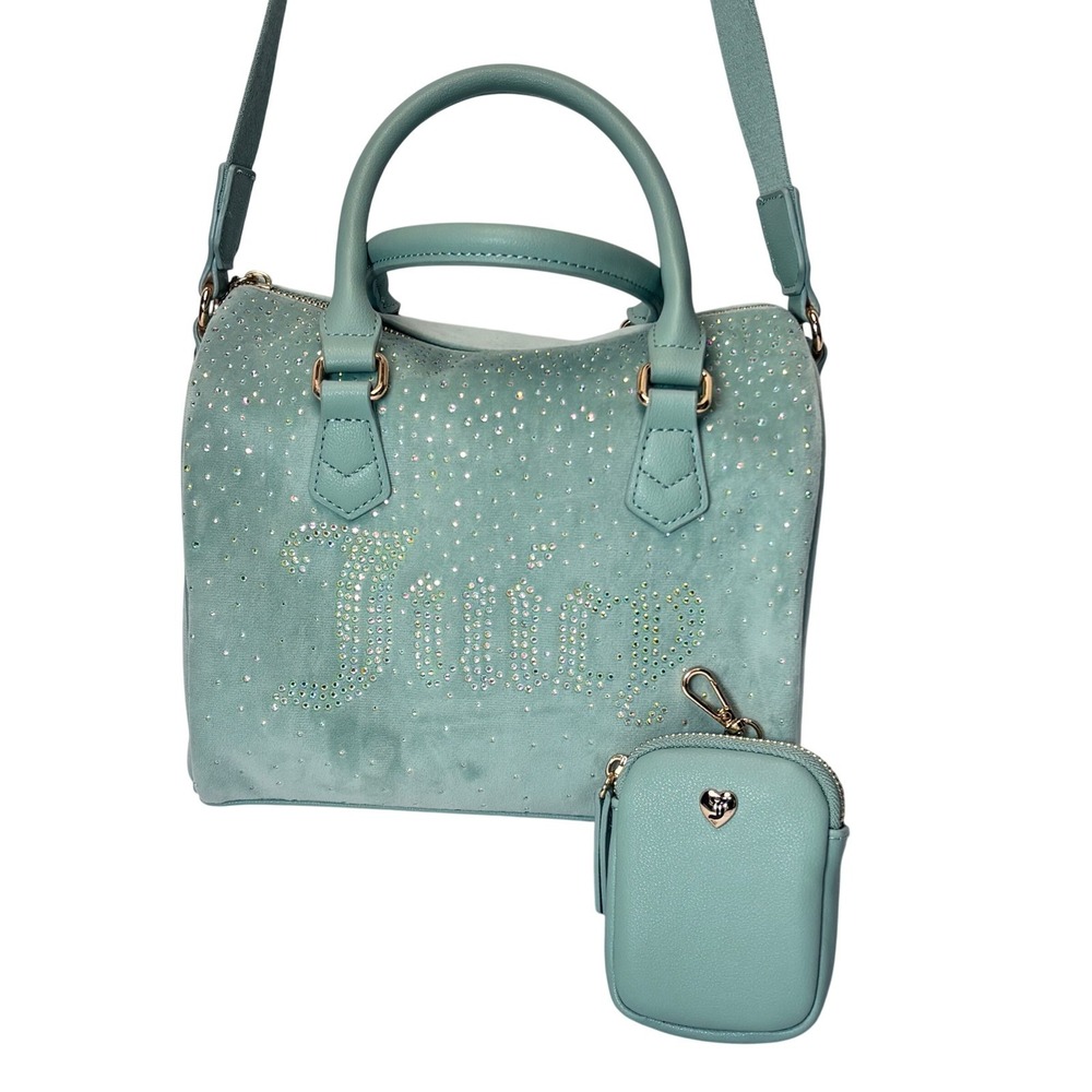 Juicy Couture Crossbody Satchel Bag Y2K Mint Green Blue Rhinestone Velour - Picture 2 of 14